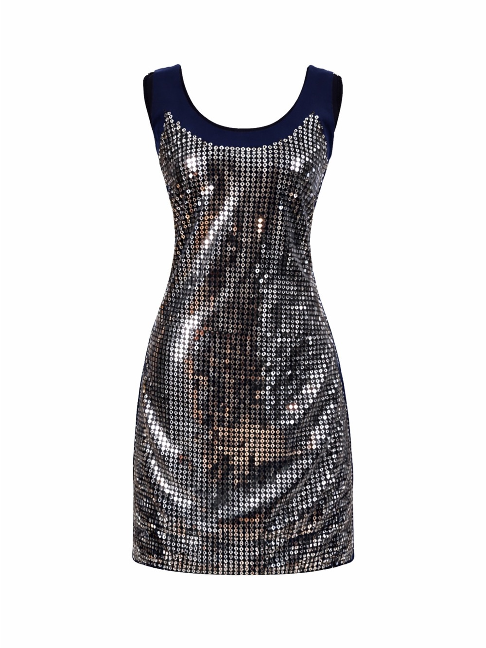 UK French Connection Navy & Silver Sequin Sleeveless Party Dress Size: 2